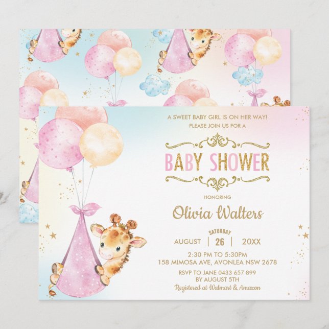 Whimsical Cute Giraffe Balloons Baby Shower Girl I Invitation (Front/Back)