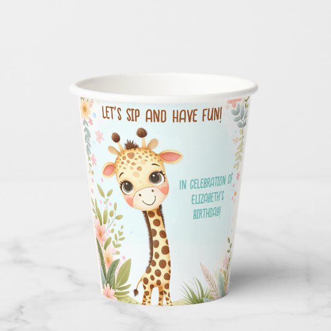 Whimsical Cute Giraffe Birthday Kids Party Paper Cups (Front)