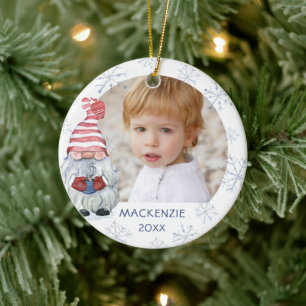 Whimsical Cute Gnome Snowflake Photo Name Year Ceramic Tree Decoration