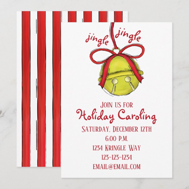 Whimsical Cute Gold Jingle Bell Holiday Party Invitation (Front/Back)