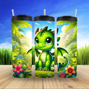Whimsical Cute Green Dragon Cartoon Thermal Tumbler