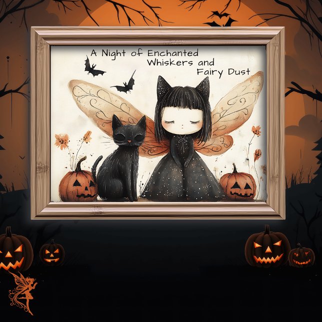 Whimsical Cute Halloween Fairy & Cat Fantasy Art Poster (Creator Uploaded)