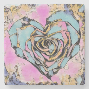 Whimsical cute heart colourful drawing stone coaster