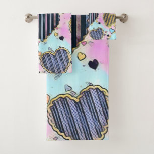 Whimsical cute hearts colourful drawing   bath towel set