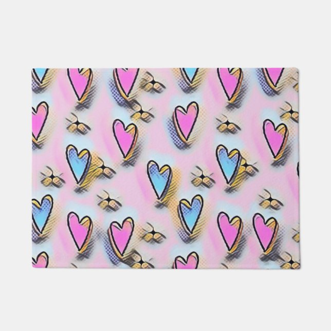 Whimsical cute hearts colourful drawing  doormat (Front)
