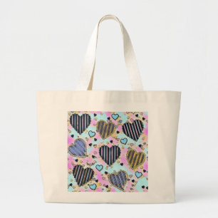 Whimsical cute hearts colourful drawing large tote bag