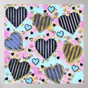 Whimsical cute hearts colourful drawing   poster