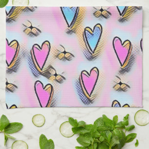 Whimsical cute hearts colourful drawing   tea towel