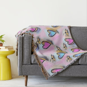 Whimsical cute hearts colourful drawing  throw blanket