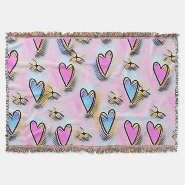 Whimsical cute hearts colourful drawing  throw blanket (Front)
