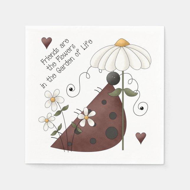 Whimsical Cute Ladybug and Daisy Friendship Quote Napkin (Front)