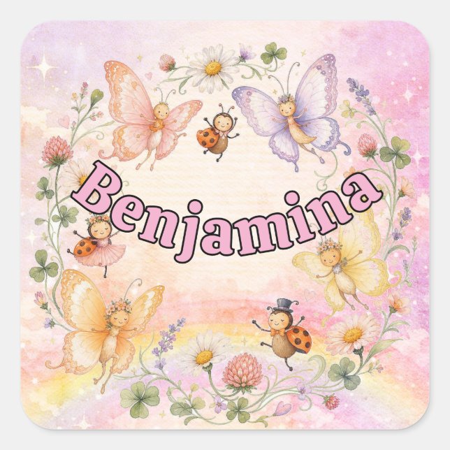 Whimsical Cute Ladybug Flower Butterfly School Square Sticker (Front)