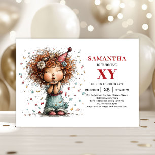 Whimsical Cute Little Girl Colourful Birthday  Invitation