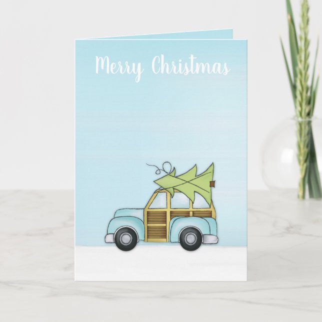 Whimsical Cute Merry Blue Car Fun Cartoon Holiday Card (Front)