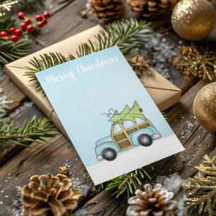 Whimsical Cute Merry Blue Car Fun Cartoon Holiday Card