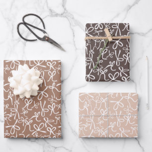 Whimsical Cute Mocha Brown Bows Pattern Girly Gift Wrapping Paper Sheet