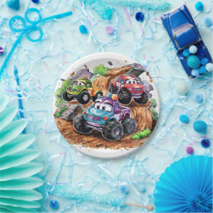 Whimsical Cute Monster Truck Birthday Paper Plate