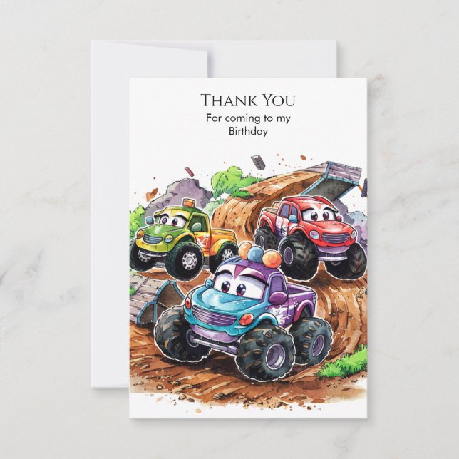 Whimsical Cute Monster Truck Birthday Thank You Card (Front)