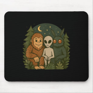 Whimsical Cute Mothman Bigfoot And Alien Funny Cry Mouse Mat