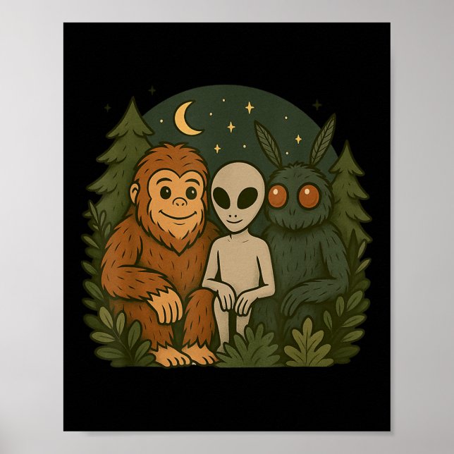 Whimsical Cute Mothman Bigfoot And Alien Funny Cry Poster (Front)