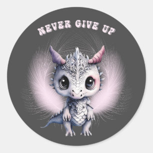 Whimsical Cute "Never Give Up" Feather Dragon  Classic Round Sticker