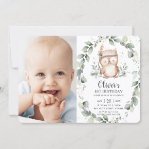 Whimsical Cute Owl Rustic Greenery Birthday Photo Invitation