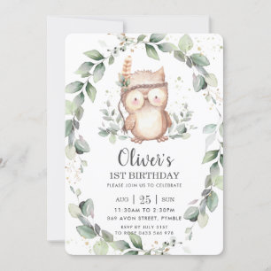 Whimsical Cute Owl Rustic Greenery Leafy Birthday Invitation