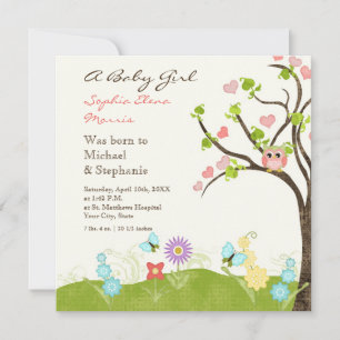Whimsical Cute Owls Tree of Life Heart Leaf Swirls Announcement