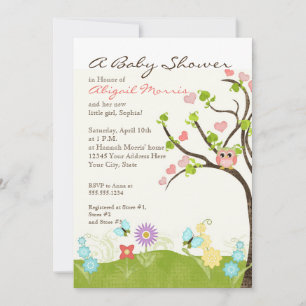 Whimsical Cute Owls Tree of Life Heart Leaf Swirls Invitation