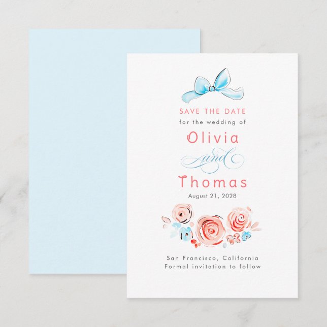 Whimsical Cute Pastel Flowers Bow Save the Date (Front/Back)