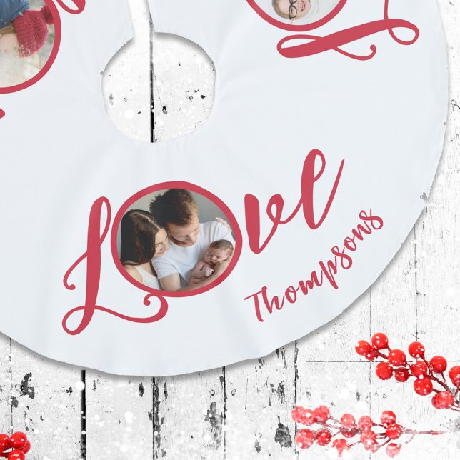 Whimsical Cute Photo Love Typography Calligraphy Brushed Polyester Tree Skirt (Love calligraphy script photo typography Christmas Tree Skirt,)