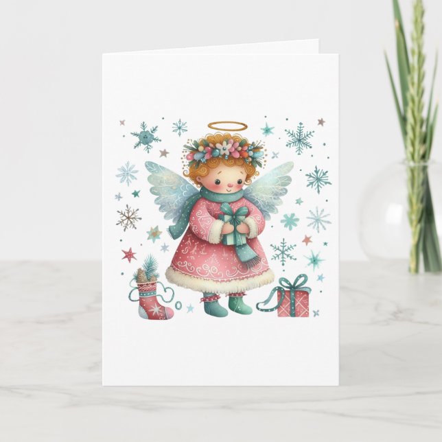 Whimsical Cute Pink and Blue Christmas Angel Card (Front)