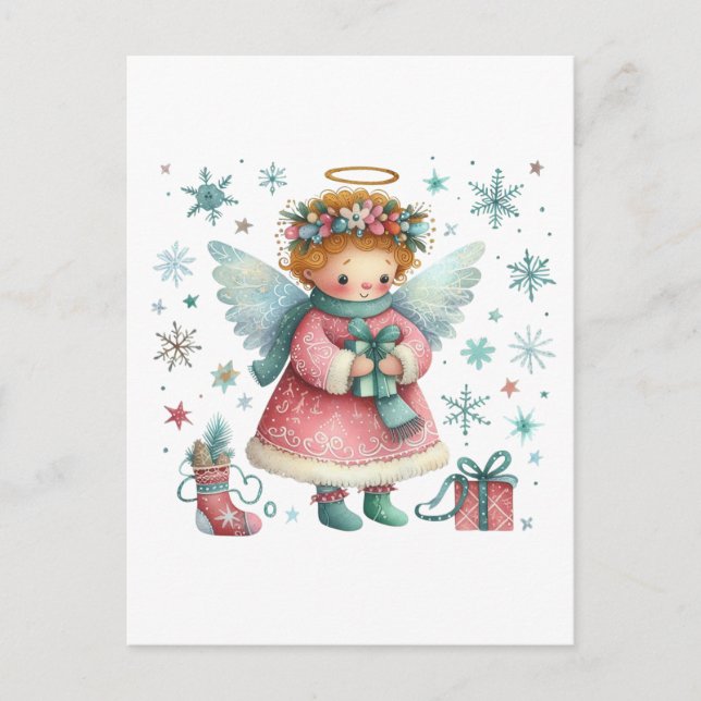 Whimsical Cute Pink and Blue Christmas Angel Postcard (Front)