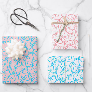 Whimsical Cute Pink Blue Bows Pattern Girly Gift Wrapping Paper Sheet