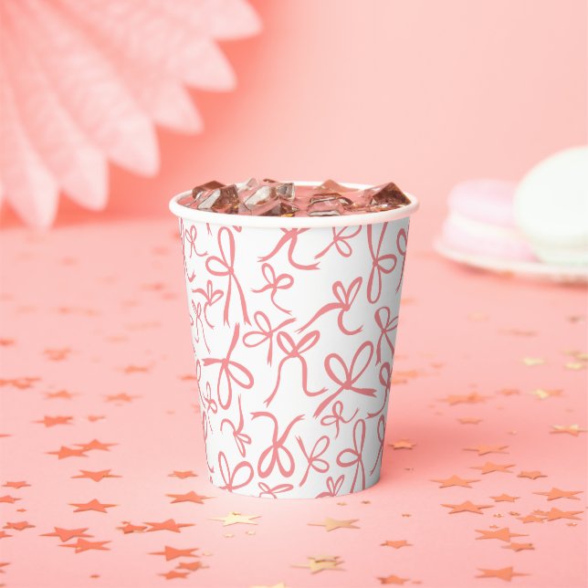 Whimsical Cute Pink Bows Pattern Bridal Shower Paper Cups (Insitu)