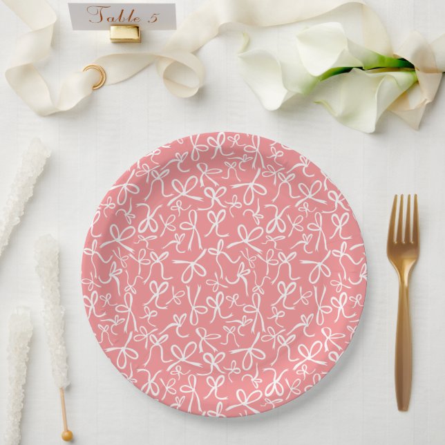 Whimsical Cute Pink Bows Pattern Bridal Shower Paper Plate (Wedding)