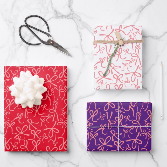 Whimsical Cute Pink Bows Pattern Girly Gift Wrapping Paper Sheet (Front)