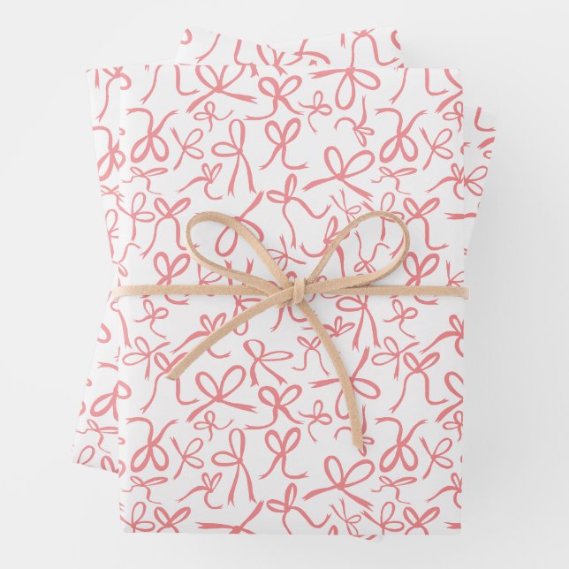 Whimsical Cute Pink Bows Pattern Girly Gift Wrapping Paper Sheet (In situ)