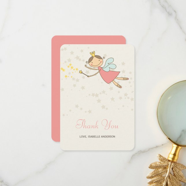 Whimsical Cute Pink Fairy Princess Girl's Birthday Thank You Card (Front/Back In Situ)
