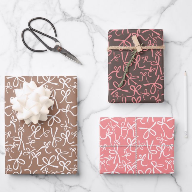Whimsical Cute Pink Mocha Bows Pattern Girly Gift Wrapping Paper Sheet (Front)