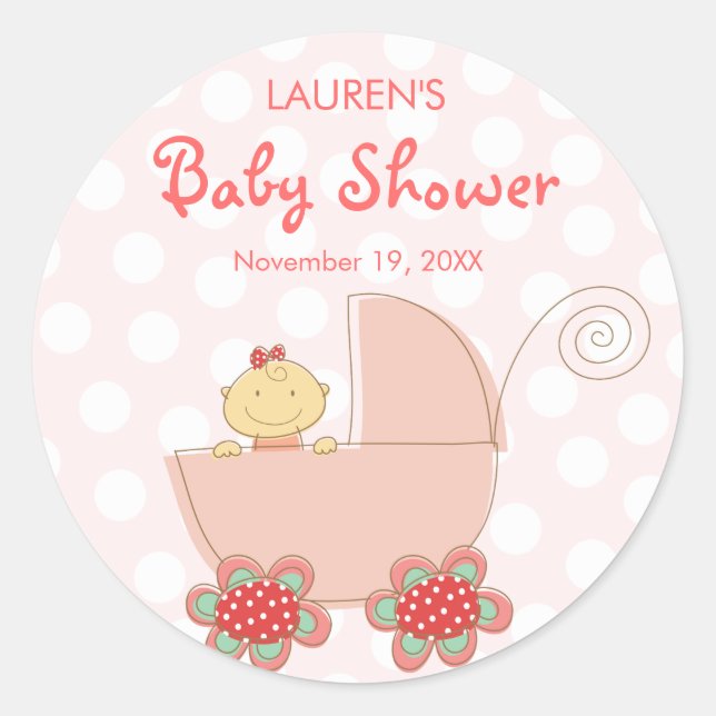Whimsical Cute Pink Pram Girl Baby Shower Stickers (Front)