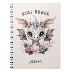 Whimsical Cute Pink "Stay Brave" Little Dragon Notebook