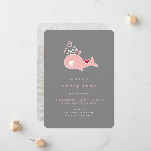 Whimsical Cute Pink Whale Monogram Baby Girl Birth Announcement (Front/Back In Situ)