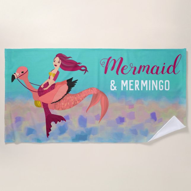 Whimsical Cute Purple Mermaid & Pink Mermingo Beach Towel (Front)