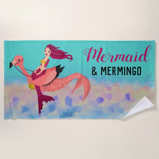 Whimsical Cute Purple Mermaid & Pink Mermingo Beach Towel (Front)