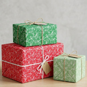 Whimsical Cute Red Green Bows Pattern Xmas Gift Wrapping Paper Sheet