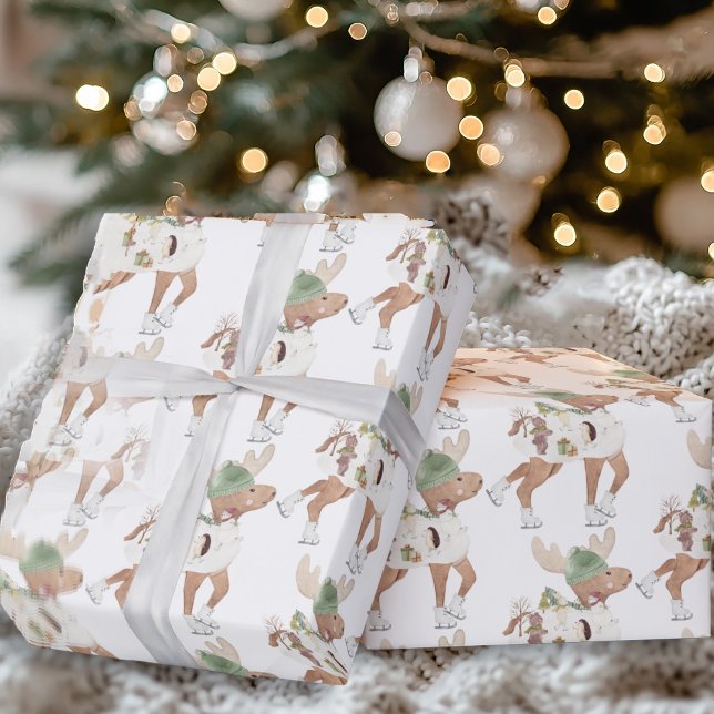 Whimsical Cute Reindeer Ice Skating Christmas Wrapping Paper (Creator Uploaded)