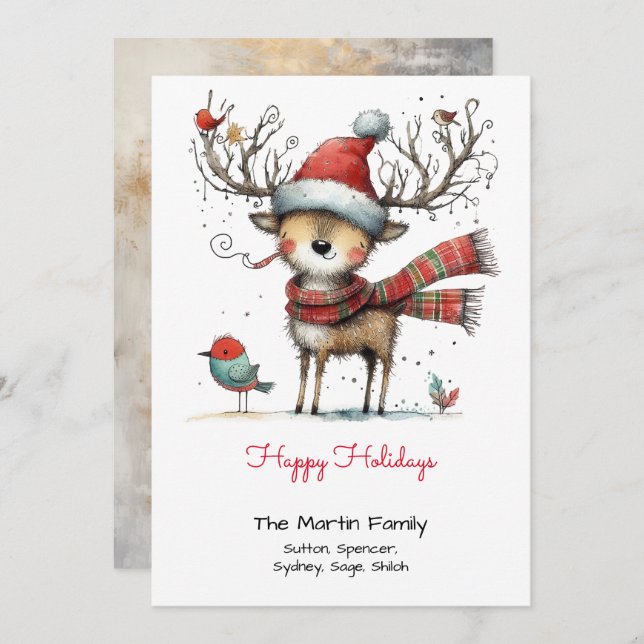 Whimsical Cute Reindeer in a Santa Hat Happy  Holiday Card (Front/Back)