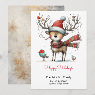 Whimsical Cute Reindeer in a Santa Hat Red Happy Holiday Card