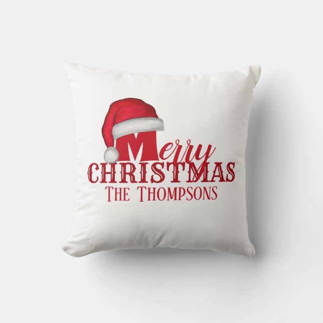 Whimsical Cute Santa Claus Christmas Family Name Cushion (Front)